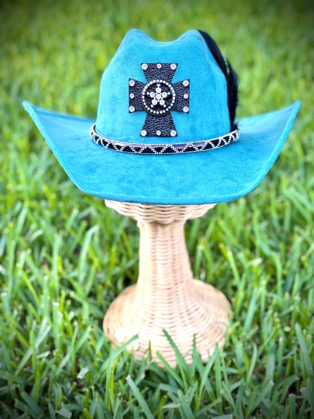 Beautiful Turquoise Western Cowboy Hat with Rhinestone Cross Accent